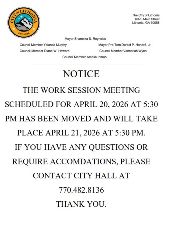 Public Notice - Work Session Meeting Rescheduled to April 21, 2026 at 5:30 PM